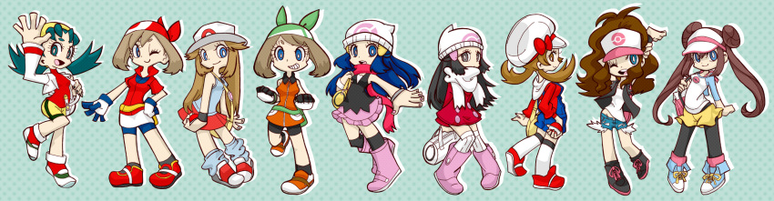 backpack bag bandana bandanna bangs beanie bike_shorts black_hair blue_(pokemon) blue_hair boots brown_hair crystal_(pokemon) dress dual_persona everyone full_body gloves hair_ornament haruka_(pokemon) hat highres hikari_(pokemon) hikari_(pokemon)_(remake) kotone_(pokemon) long_hair mei_(pokemon) multiple_girls pantyhose pokemon pokemon_(game) pokemon_bw pokemon_dppt pokemon_frlg pokemon_girls pokemon_gsc pokemon_hgss pokemon_rse shorts skirt thigh-highs thighhighs touko_(pokemon) twintails