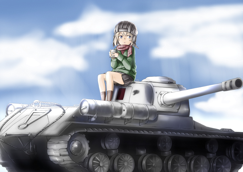 1girl blonde_hair blue_eyes blush clouds cup drink girls_und_panzer hat highres jacket katyusha kv-1 kv-1s military military_uniform military_vehicle open_mouth scarf school_uniform short_hair skirt sky solo spirytus_tarou tank uniform vehicle