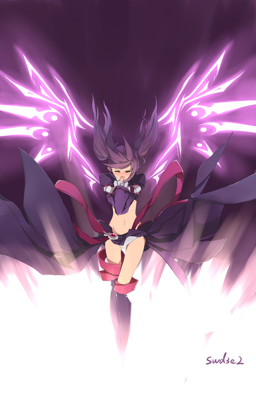 :o absurdres aisha_(elsword) artist_name closed_eyes dress elsword eyes_closed highres long_hair midriff navel no_nose panties pantyshot purple purple_background purple_dress purple_hair purple_legwear skirt solo swd3e2 thigh-highs thighhighs underwear white_panties wings