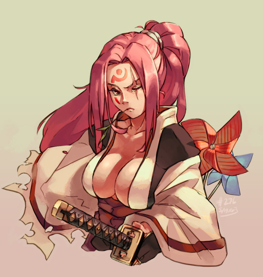 1girl amputee baiken breasts bust cleavage facial_tattoo fingerless_gloves gloves guilty_gear hand_on_hilt highres japanese_clothes junkpuyo kataginu katana kimono large_breasts long_hair mouth_hold no_bra obi one-eyed open_kimono pink_eyes pink_hair pinwheel ponytail scar scrunchie simple_background solo straw sword tattoo weapon