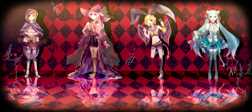 4girls absurdres animal_ears aqua_eyes aqua_hair argyle argyle_background bell bell_collar blonde_hair blue_eyes boots bridal_gauntlets cape cat_ears cat_tail collar corset cross demon_tail fishnets garter_straps green_eyes green_hair gumi halloween hand_on_hip hat hatsune_miku high_heels highres hina jewelry jingle_bell kagamine_rin knee_boots kneehighs long_hair megurine_luka monocle multiple_girls necklace necktie open_mouth pink_hair pointy_ears shoes shorts skirt smile standing_on_one_leg tail thigh_boots thighhighs tongue twintails v very_long_hair vocaloid wings wink witch_hat