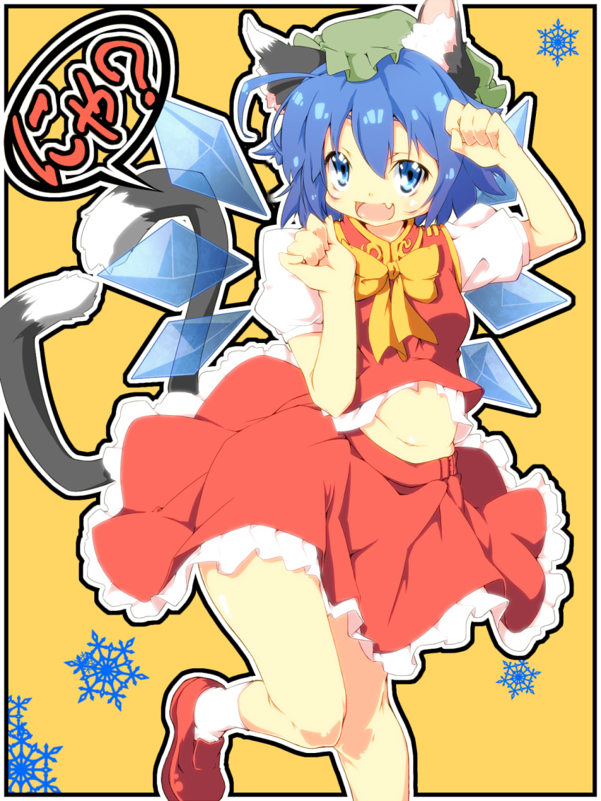 animal_ears blue_eyes blue_hair bow cat_ears cat_tail chen chen_(cosplay) cirno fang frame haruyonoto hat highres kemonomimi_mode looking_at_viewer midriff multiple_tails open_mouth paw_pose puffy_sleeves shirt short_hair short_sleeves skirt skirt_set smile solo tail touhou wings
