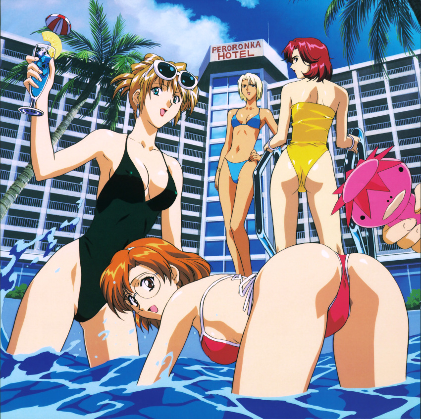 90s absurdres agent_aika aida_rion ass bianca_(agent_aika) bikini blonde_hair brown_eyes character_request erect_nipples glasses green_eyes highleg highleg_swimsuit highres hotel multiple_girls orange_hair pool red_hair redhead short_hair side-tie_bikini sumeragi_aika swimsuit water yamauchi_noriyasu