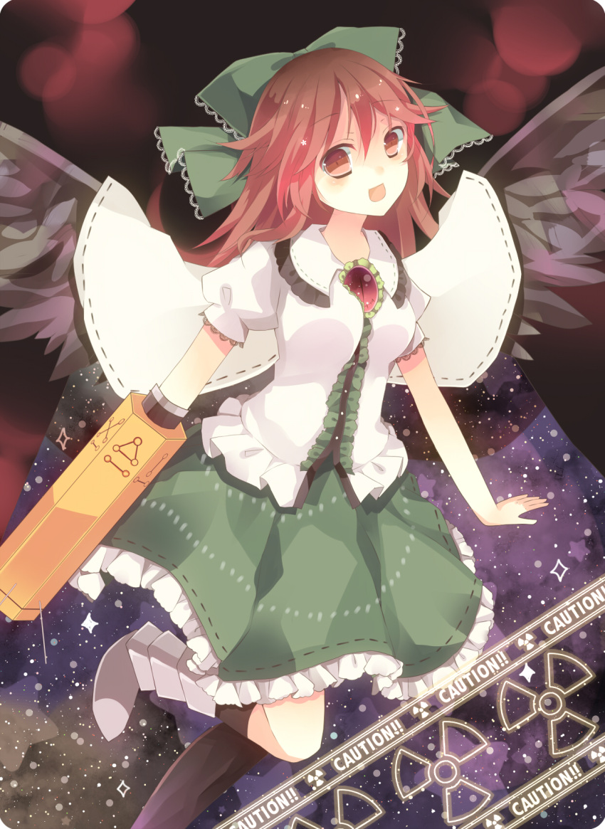 arm_cannon black_wings blush bow cape caution hair_bow highres long_hair open_mouth radiation_symbol red_eyes red_hair redhead reiuji_utsuho renge_(2798537) skirt smile solo thigh-highs thighhighs third_eye touhou weapon wings