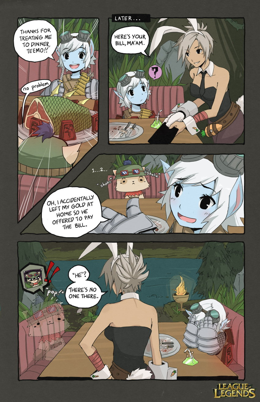 animal_ears belt bunny_ears bunnysuit carrot comic cuffs detached_collar english facepalm food goggles grey_hair highres knife league_of_legends necktie riven_(league_of_legends) shackles teemo tristana wrist_cuffs