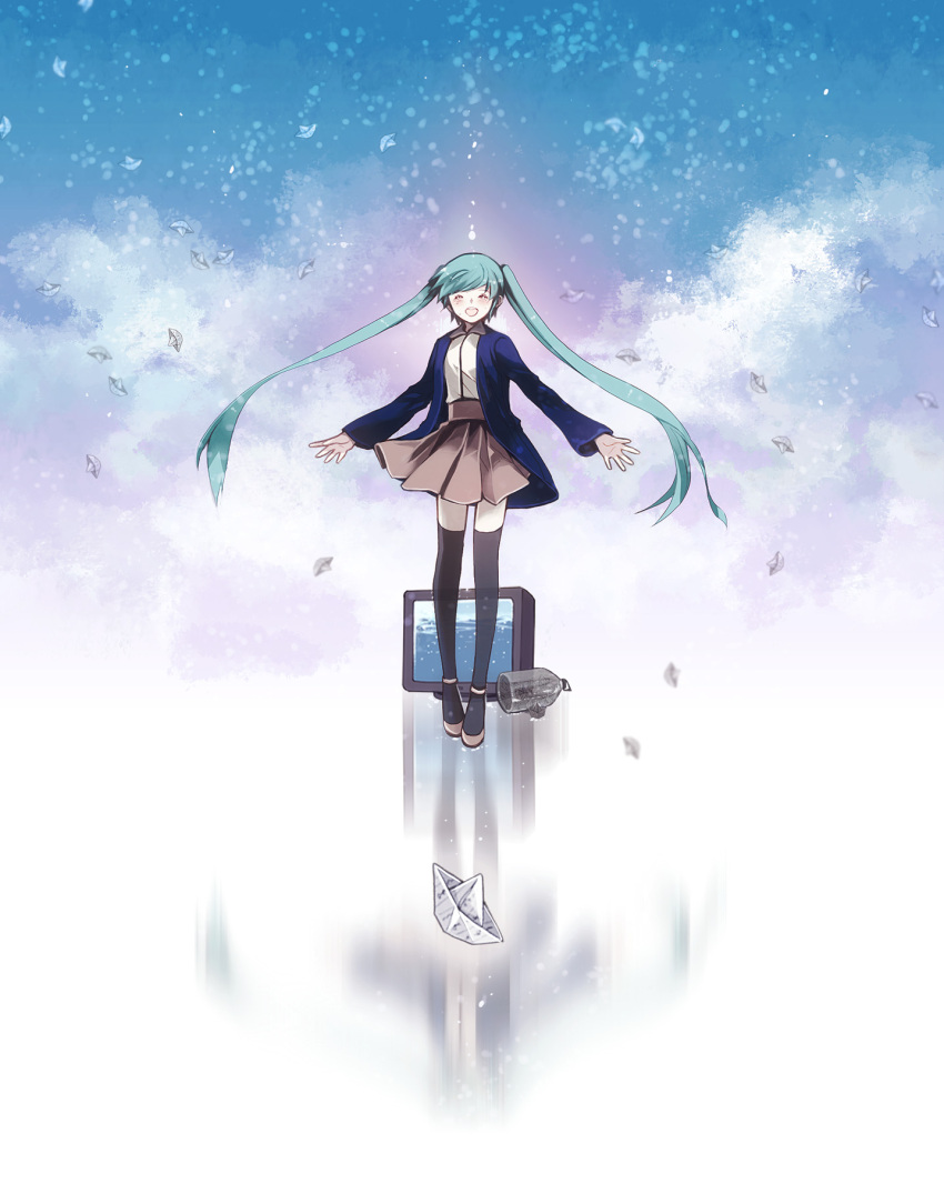 chris4708 green_hair hatsune_miku highres long_hair open_mouth paper_boat skirt smile solo thigh-highs thighhighs twintails very_long_hair vocaloid zettai_ryouiki