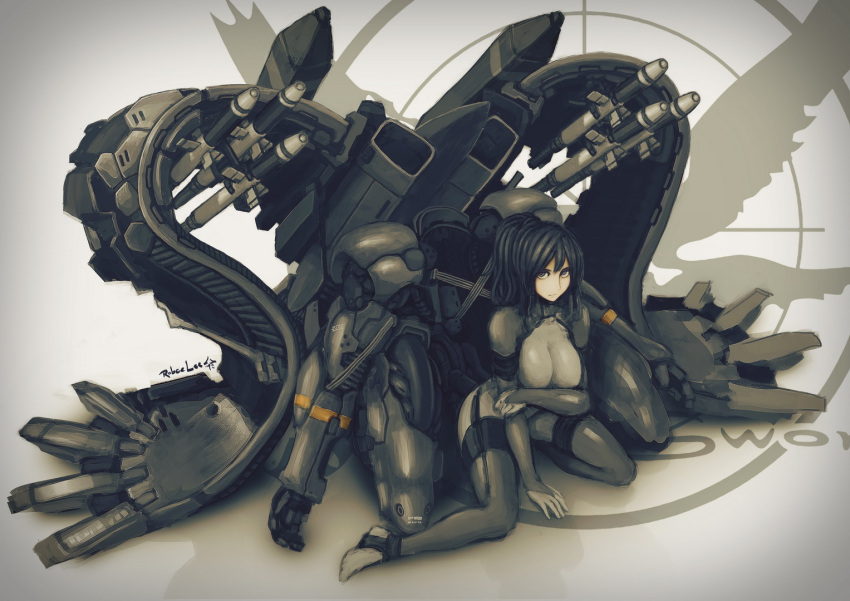 black_eyes black_hair bodysuit breasts gloves highres large_breasts latex long_hair looking_at_viewer metal_gear metal_gear_solid metal_gear_solid_4 missile ponytail power_suit raging_raven robce_lee sitting skin_tight solo