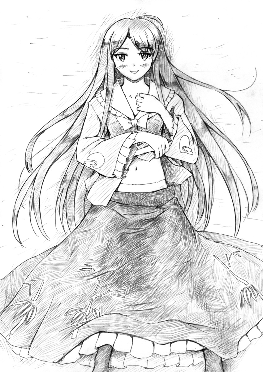 blush highres houraisan_kaguya long_hair looking_at_viewer monochrome pantyhose smile solo touhou traditional_media vent_arbre very_long_hair