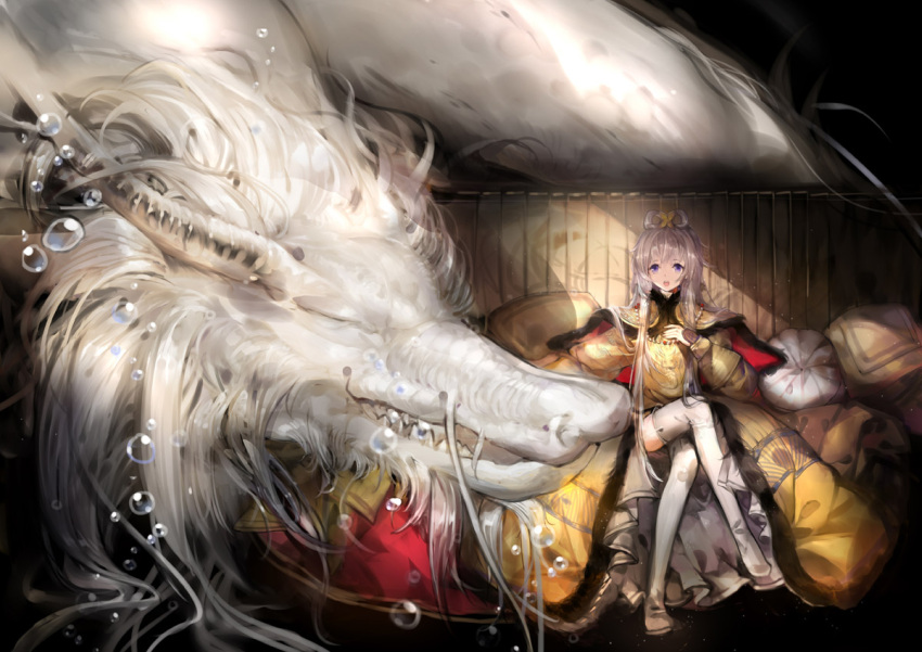 boots bubble bubbles couch crossed_legs dragon legs_crossed luo_tianyi sitting susu thigh_boots thighhighs vocaloid