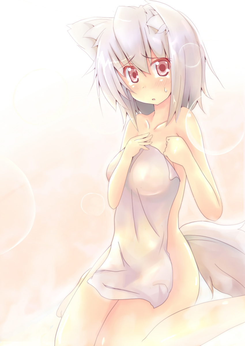 absurdres animal_ears breasts collarbone covering highres inubashiri_momiji naked_towel nijou_makoto nude nude_cover red_eyes revision short_hair silver_hair sitting solo tail touhou towel wariza white_hair wolf_ears wolf_tail