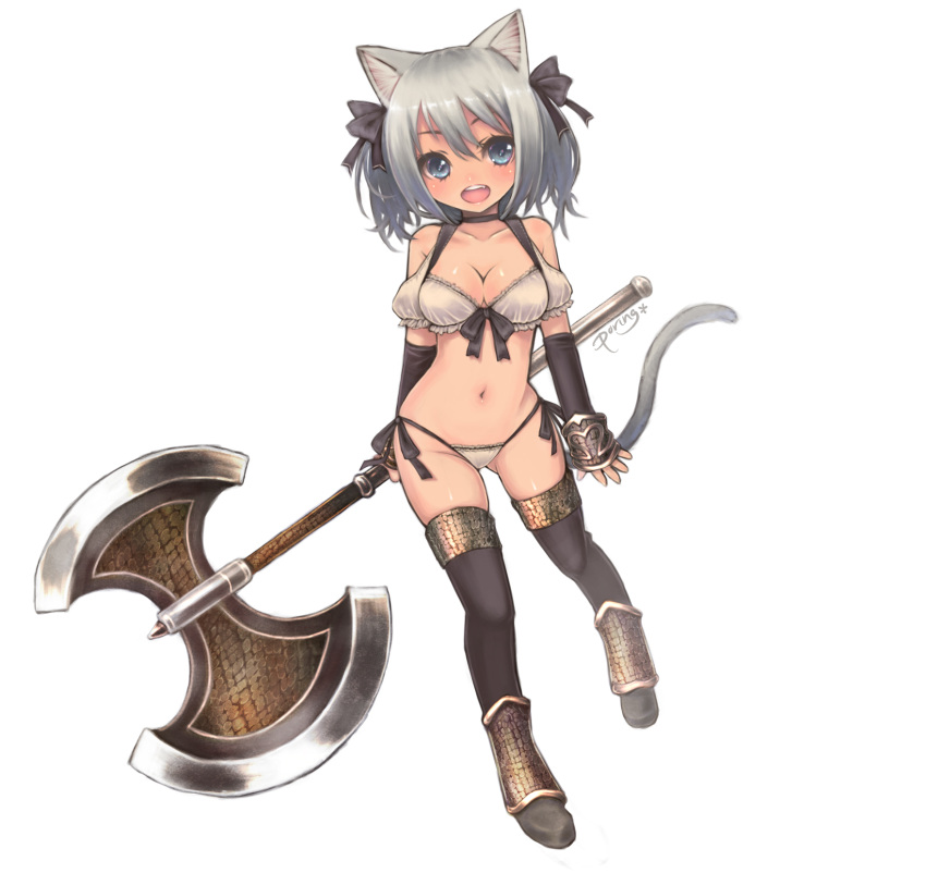 :d animal_ears bare_shoulders battle_axe black_legwear blue_eyes blush breasts cat_ears cat_tail cleavage collarbone hair_ribbon highres holding miyamae_porin mound_of_venus navel open_mouth original panties ribbon side-tie_panties signature silver_hair smile solo tail thigh-highs thighhighs twintails underwear white_background