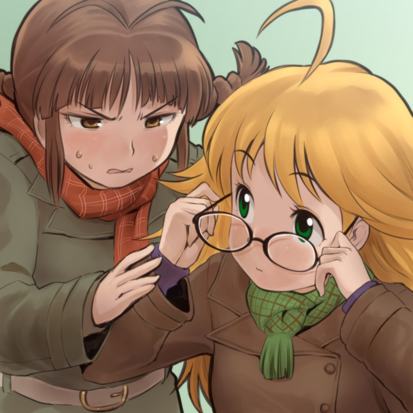 ahoge akizuki_ritsuko bespectacled blonde_hair blush braid brown_eyes brown_hair chiaki_rakutarou glasses glasses_switch green_eyes highres hoshii_miki idolmaster jacket long_hair looking_back multiple_girls open_mouth outstretched_arm scarf short_hair sweatdrop twin_braids winter_clothes