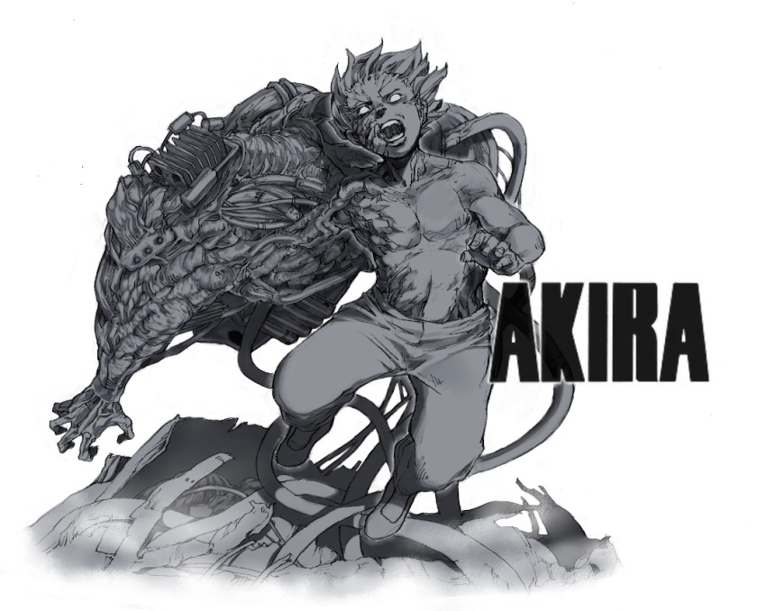 akira cable monochrome monster no_pupils open_mouth oversized_limbs pants shima_tetsuo shirtless short_hair solo soty title_drop