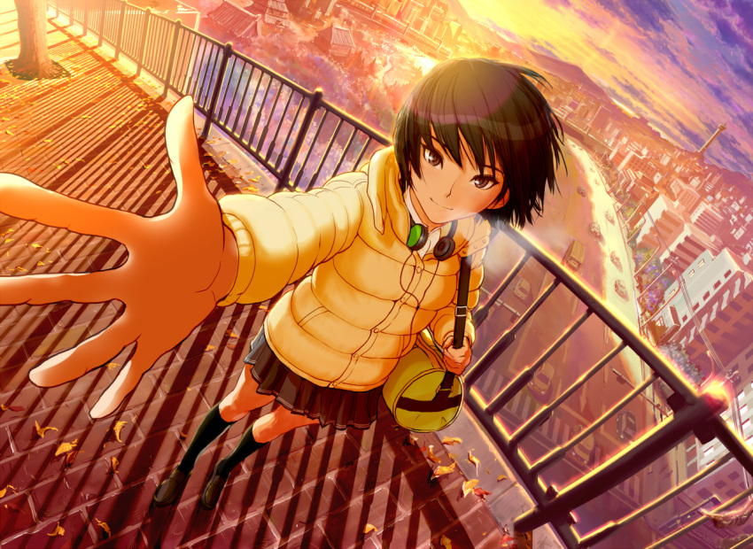 1girl amagami bag black_eyes black_hair breath car city cityscape coat dutch_angle foreshortening from_above haitaka headphones house light_smile motor_vehicle mountain nanasaki_ai outstretched_arm outstretched_hand pleated_skirt revision school_uniform short_hair skirt smile solo sunset tower vehicle