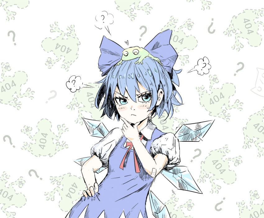 404 :&lt; ? animal animal_on_head arsenixc bad_id bandaid blue_dress blue_eyes blue_hair blush_stickers bow cirno dress frog hair_bow hand_on_chin hand_on_hip hand_to_chin heart highres http_status_code puffy_sleeves shirt short_hair short_sleeves solo touhou when_you_see_it wings