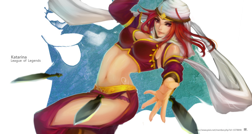 alternate_costume breasts dagger highres katarina katarina_du_couteau lace league_of_legends midriff monzuki navel panties red_eyes red_hair redhead scar solo thighs underwear watermark weapon
