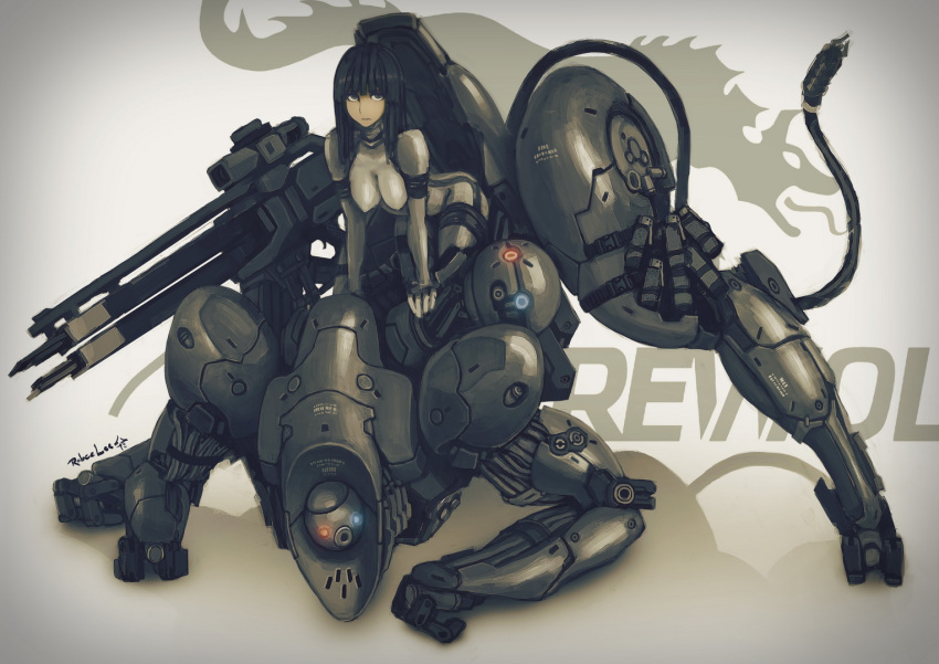 bangs black_eyes black_hair blunt_bangs bodysuit breasts crying_wolf gloves gun highres latex leaning leaning_forward long_hair looking_at_viewer metal_gear metal_gear_solid metal_gear_solid_4 power_suit rifle robce_lee skin_tight solo weapon