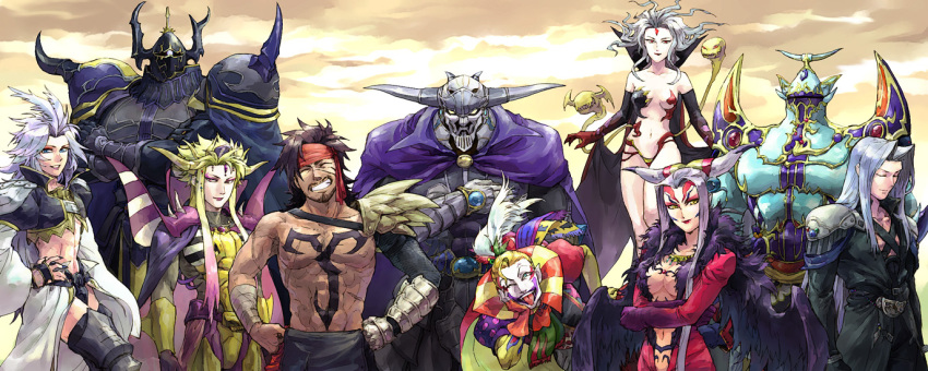 6+boys androgynous armor blonde_hair breasts brown_hair cape cefca_palazzo center_opening cleavage closed_eyes cloud_of_darkness crossed_arms dissidia_final_fantasy emperor_(ff2) emperor_mateus everyone exdeath facial_hair facial_mark final_fantasy final_fantasy_i final_fantasy_ii final_fantasy_iii final_fantasy_iv final_fantasy_ix final_fantasy_v final_fantasy_vi final_fantasy_vii final_fantasy_viii final_fantasy_x garland_(ff1) golbeza grey_hair grin hand_on_hip hands_on_hips head_in_hand headband helmet horns jecht kuja long_image math-major midriff midroff multiple_boys multiple_girls muscle scar sephiroth silver_hair sky smile tattoo tentacles tongue tongue_out topless ultimecia white_hair wide_image wings wink