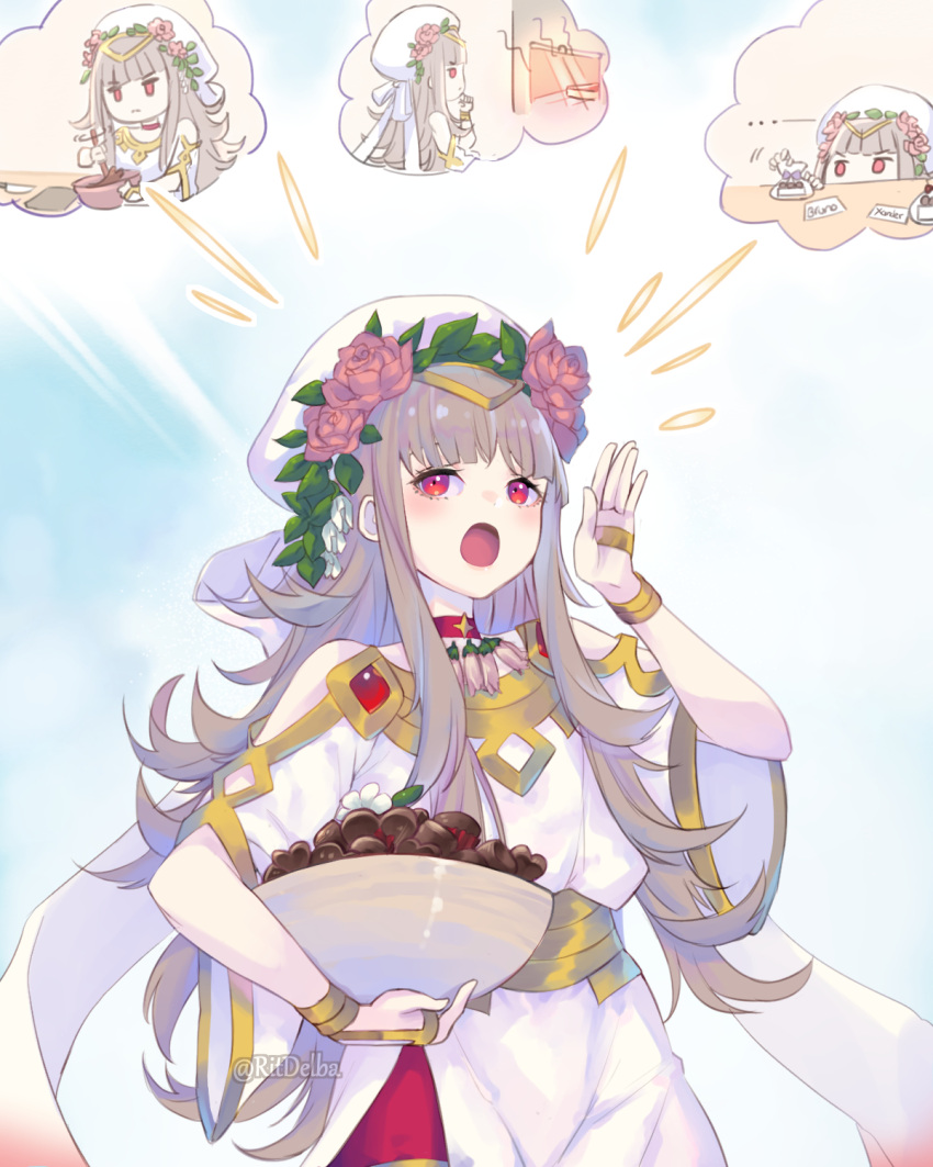 ... 1girl alternate_costume bare_shoulders blush bow candy chibi chocolate chocolate_heart choker closed_mouth commentary cooking dress english_commentary fire_emblem fire_emblem_heroes flower food gold_trim grey_hair hair_flower hair_ornament hat heart highres holding holding_food jewelry leaf_hair_ornament long_hair official_alternate_costume open_mouth pink_flower pink_rose red_choker red_eyes ritence rose solo twitter_username valentine veronica_(fire_emblem) white_bow white_dress white_flower white_headwear wide_sleeves
