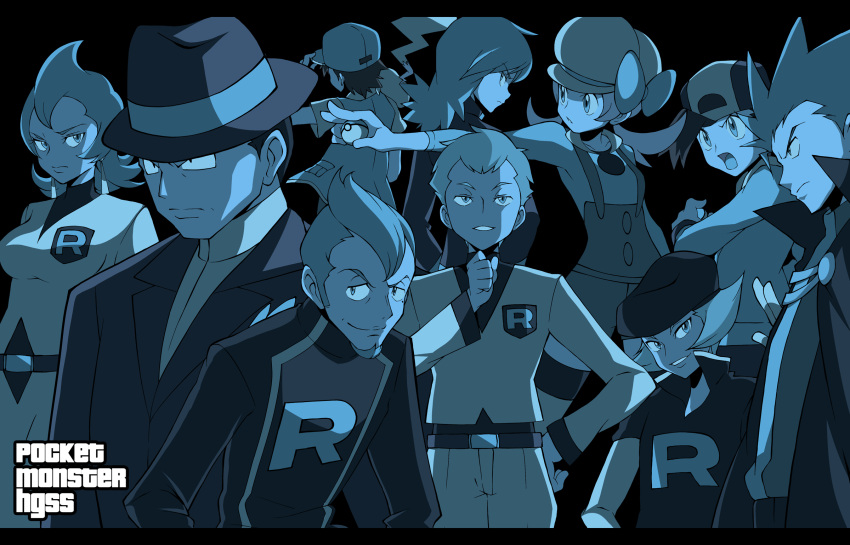 apollo_(pokemon) athena_(pokemon) baseball_cap cabbie_hat clothes_writing earrings facial_hair formal giovanni_(pokemon) goatee gold_(pokemon) hat highres holding holding_poke_ball jewelry kotone_(pokemon) lambda_(pokemon) lance_(pokemon) monochrome pikachu poke_ball pokemon pokemon_(game) pokemon_hgss red_(pokemon) red_(pokemon)_(classic) revision sakaki_(pokemon) silver_(pokemon) souji suit suspenders team_rocket title_drop wataru_(pokemon)