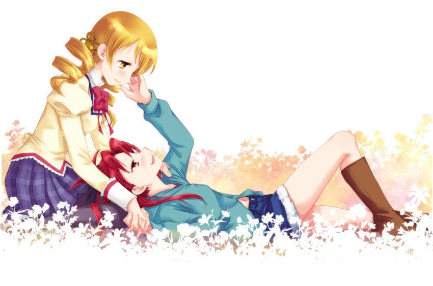 :d black_legwear blonde_hair blush boots bow drill_hair field flower_field hair_bow hair_ornament hand_on_another's_face hand_on_another's_face hands_clasped interlocked_fingers lap_pillow long_hair long_sleeves looking_down looking_up lying mahou_shoujo_madoka_magica midriff multiple_girls musukichi navel on_back open_mouth outstretched_arm pantyhose red_eyes red_hair redhead sakura_kyouko school_uniform shorts sitting skirt smile tomoe_mami twin_drills twintails yellow_eyes yuri