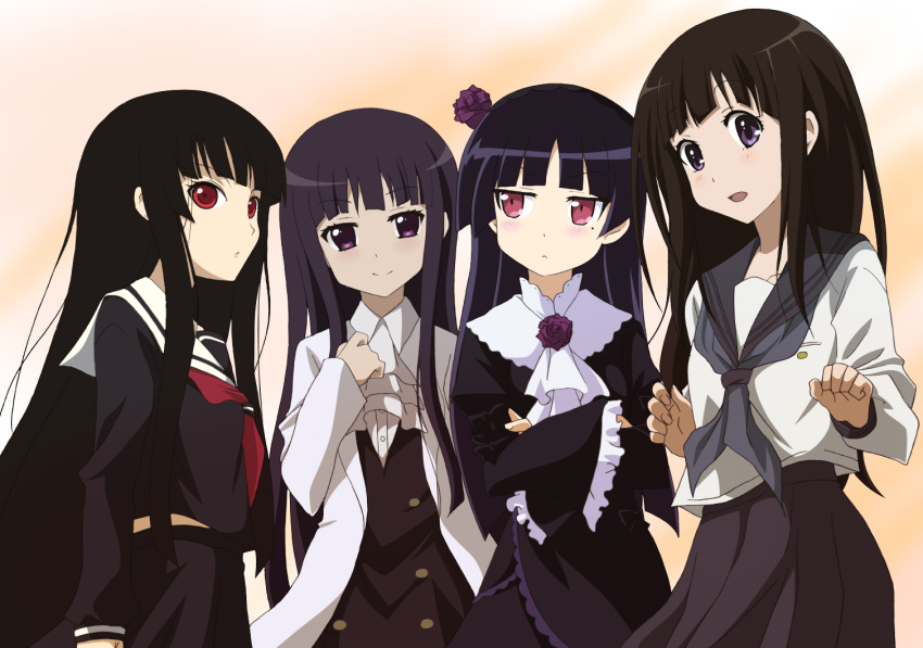 4girls a-1_pictures akuto ascii_media_works black_hair chitanda_eru crossover david_production enma_ai gokou_ruri gothic_lolita hime_cut hyouka inu_x_boku_ss jigoku_shoujo kadokawa_shoten kodansha kyoto_animation lolita_fashion long_hair look-alike multiple_girls ore_no_imouto_ga_konna_ni_kawaii_wake_ga_nai purple_eyes red_eyes school_uniform serafuku shirakiin_ririchiyo square_enix studio_deen trait_connection violet_eyes