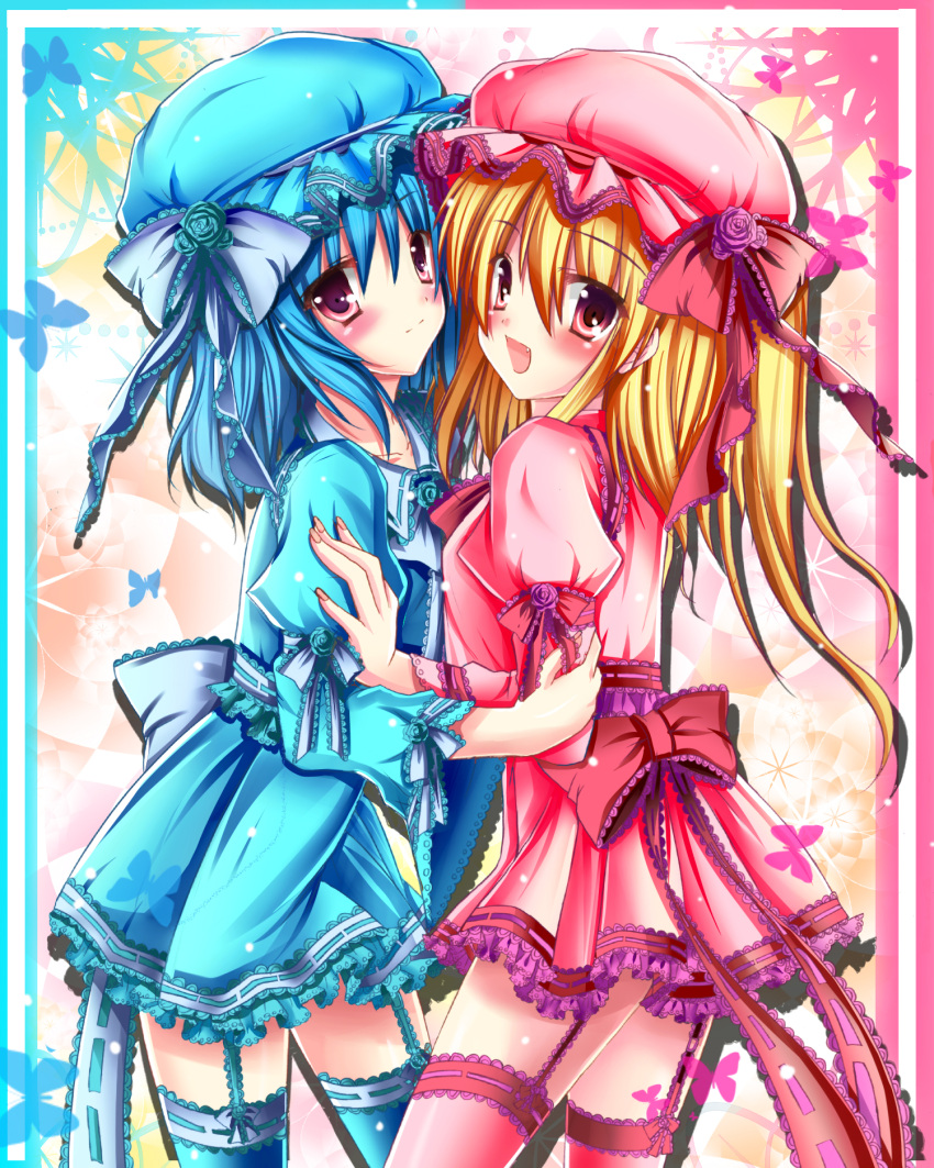 alternate_color blonde_hair blue_hair blush colored dress flandre_scarlet hat highres looking_at_viewer multiple_girls remilia_scarlet smile thigh-highs thighhighs touhou yuri yuzin