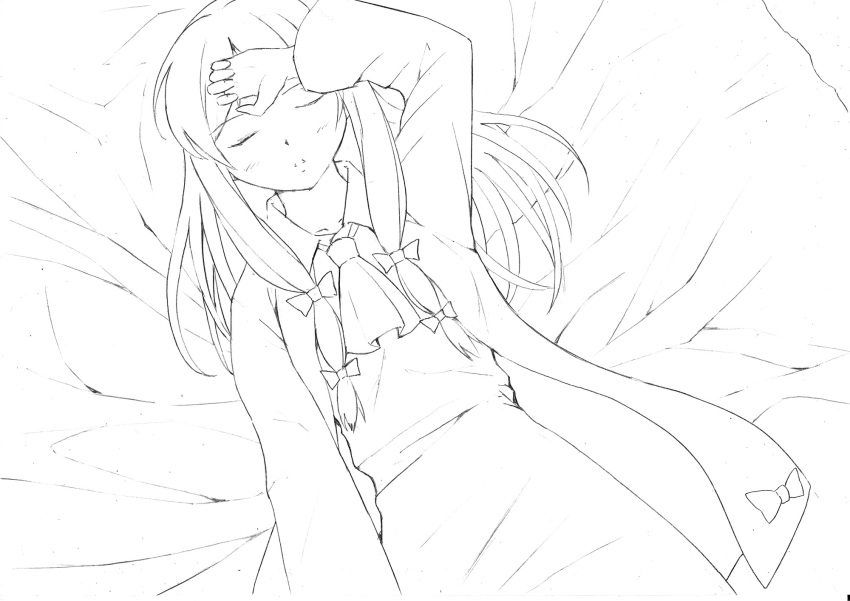 closed_eyes eyes_closed highres lineart long_hair lying monochrome on_back patchouli_knowledge solo touhou vent_arbre