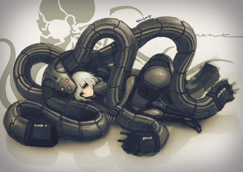 ass bodysuit fingerless_gloves gloves grey_eyes highres latex laughing_octopus looking_at_viewer metal_gear metal_gear_solid metal_gear_solid_4 power_suit robce_lee short_hair silver_hair skin_tight solo tentacle tentacles top-down_bottom-up