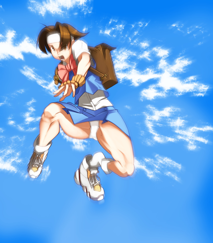 1girl ahoge bag baka_guruo bangs blue_sky bow brown_eyes brown_hair headband highres jumping justice_gakuen kote moero!_justice_gakuen motion_blur open_mouth panties pantyshot project_justice rival_schools school_bag school_uniform shoes short_hair sky sneakers socks solo thick_thighs thighs underwear wakaba_hinata white_panties