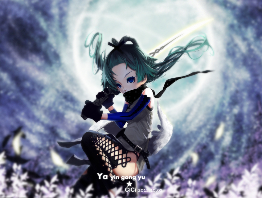 belt blue_eyes cici gloves hair_rings luo_tianyi scarf sword vocaloid weapon wings