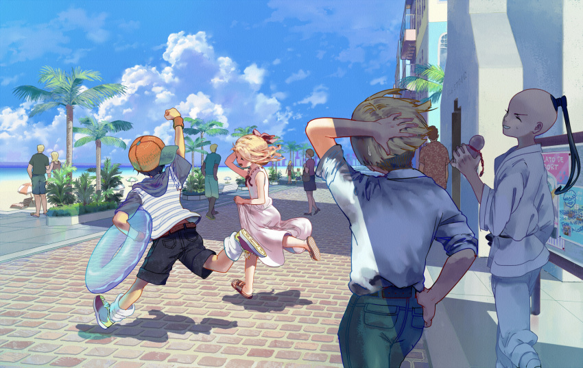 6+boys arm_holding arm_up armband bag balcony bare_shoulders baseball_cap beach beach_chair belt black_hair blonde_hair bow closed_eyes cloud clouds dark_skin dougi dress english eyes_closed from_behind gourd hair_bow hand_holding hat highres holding_hands house innertube jeff_andonuts mokorobi mother_(game) mother_2 multiple_boys multiple_girls ness open_mouth palm_tree parasol paula_polestar poo porky_minch purse railing sandals shirt shoes shorts sign skirt_hold sky smile sneakers striped striped_shirt sundress sweatdrop t-shirt tree umbrella