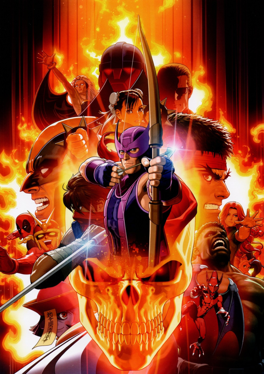 capcom chun-li deadpool felicia ghost_rider hawkeye hawkeye_(marvel) highres hulk lei_lei marvel marvel_vs._capcom marvel_vs._capcom_3 mecha mori_toshiaki official_art phoenix_(x-men) plasma_sword red_arremer robot ryuu_(street_fighter) sentinel_(x-men) skull storm_(x-men) street_fighter strider_hiryuu vampire_(game) viewtiful_joe wolverine x-men