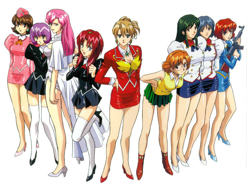 90s absurdres agent_aika aida_rion alexymetalia_maypia black_delmo blue_delmo character_request glasses gun high_heels highres miniskirt multiple_girls neena_hagen official_art pink_delmo shoes simple_background skirt stg45 sumeragi_aika thigh-highs thighhighs weapon white_background white_delmo