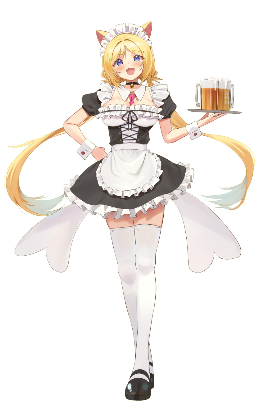 1girl absurdres aki_rosenthal alcohol alternate_costume animal_ears apron bangs beer beer_mug bell between_breasts black_choker black_footwear blonde_hair breasts cat_ears choker cup detached_collar enmaided eyebrows_visible_through_hair frilled_apron frills full_body hand_on_hip highres hololive long_hair looking_at_viewer low_twintails maid maid_headdress mug neck_bell necktie necktie_between_breasts open_mouth parted_bangs pink_necktie puffy_short_sleeves puffy_sleeves short_sleeves simple_background smile solo standing thigh-highs tray twin_(tt_lsh) twintails very_long_hair violet_eyes virtual_youtuber waist_apron white_apron white_background white_legwear wrist_cuffs zettai_ryouiki