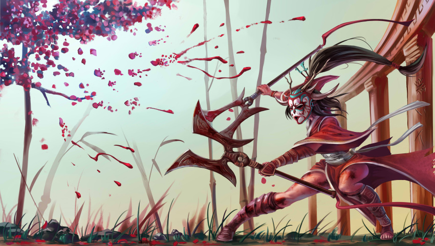 akali bamboo blood brown_hair dual_wielding fighting_stance highres league_of_legends long_hair mask ponytail very_long_hair