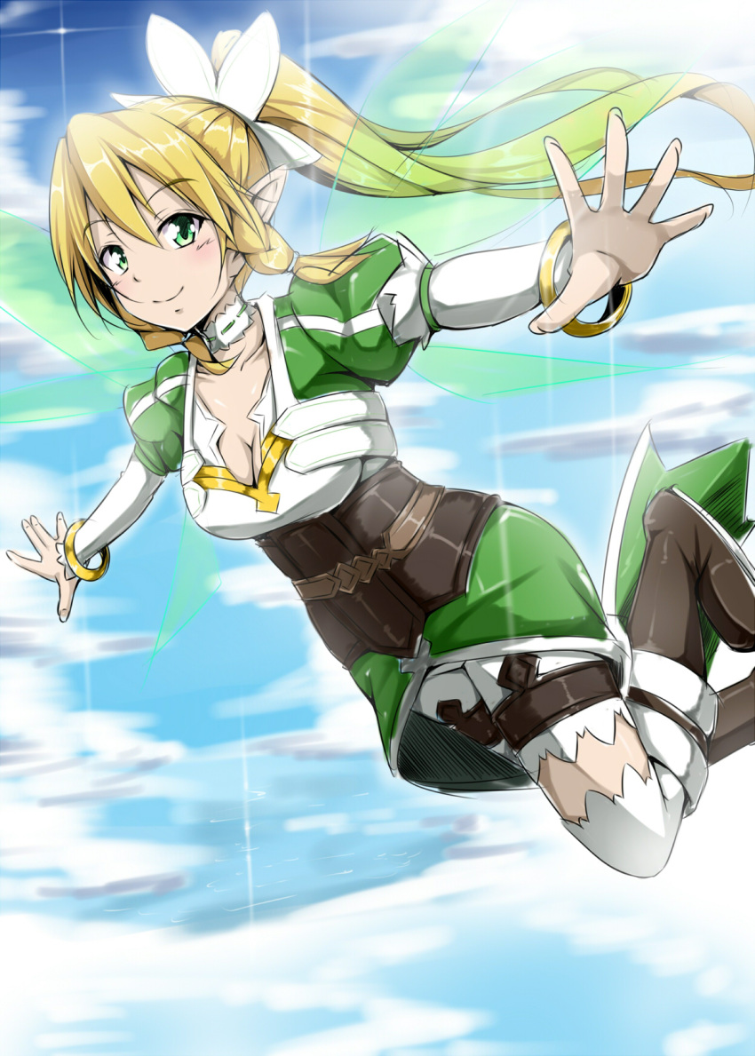 blonde_hair blush boots breasts cleavage collarbone flying green_eyes highres leafa leg_up long_hair outstretched_arms ponytail sky smile solo sword_art_online tjk wings