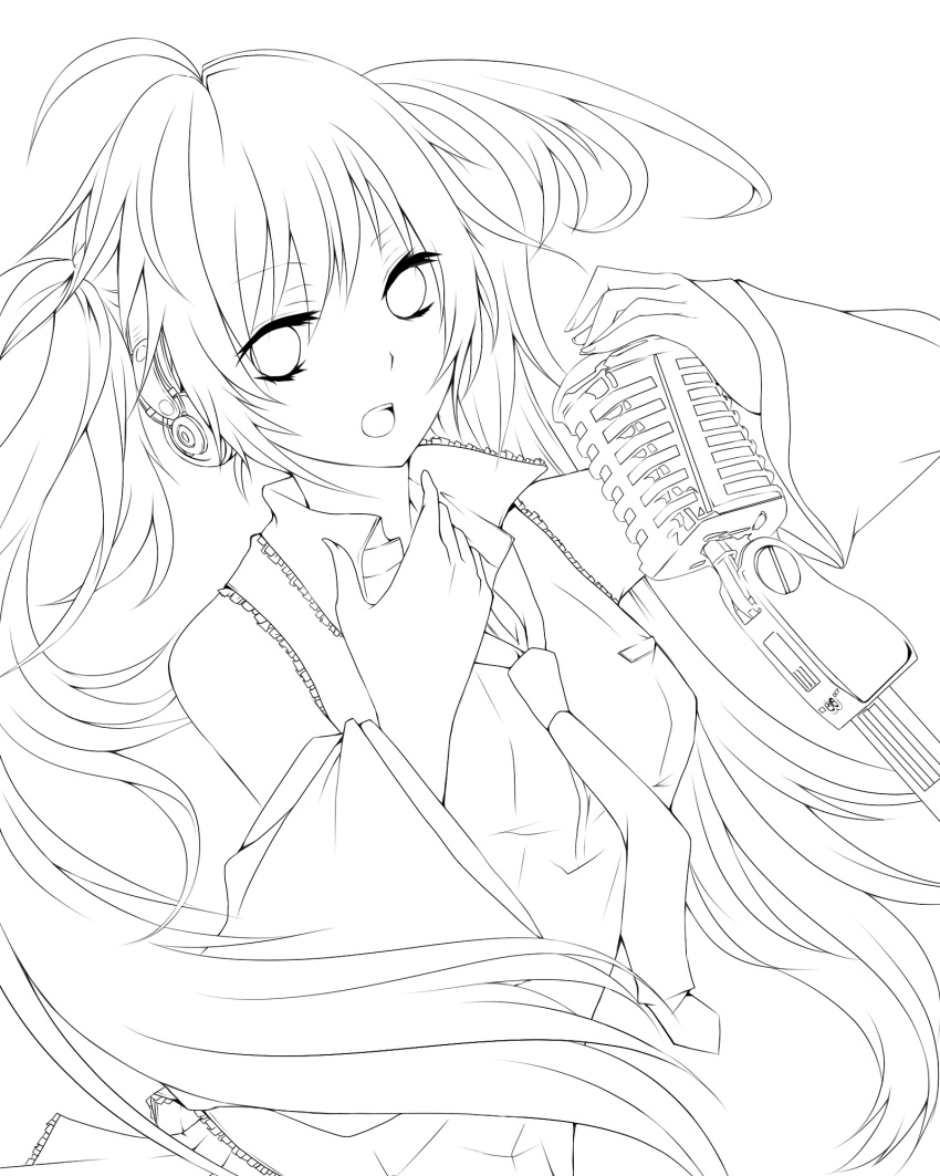 ahoge detached_sleeves haru_(haru2079) hatsune_miku headphones highres lineart long_hair microphone microphone_stand monochrome necktie open_mouth solo star transparent_background twintails vocaloid
