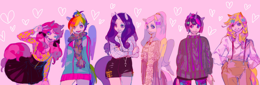 alternate_hairstyle animal_ears applejack braid fluttershy hair_up hands_in_pockets horn matsusaka multiple_girls my_little_pony my_little_pony_friendship_is_magic no_hat no_headwear pantyhose personification pink pinkie_pie ponytail pullover rainbow_dash rarity scarf suspenders tail twilight_sparkle twin_braids twintails v wings wink