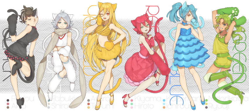 6boys afuro_terumi animal_ears bike_shorts blonde_hair blue_eyes blue_hair boots brown_eyes brown_hair cat_ears cat_tail character_name crossdressinging dress english fubuki_shirou fudou_akio gloves green_eyes green_hair high_heels highres inazuma_eleven inazuma_eleven_(series) jewelry kazemaru_ichirouta kinm kiyama_hiroto long_hair midorikawa_ryuuji midriff mittens mohawk multiple_boys paw_gloves paws ponytail red_dress red_eyes red_hair redhead sandals scarf shoes short_hair silver_hair skirt skit smile tail trap very_long_hair white_hair wink