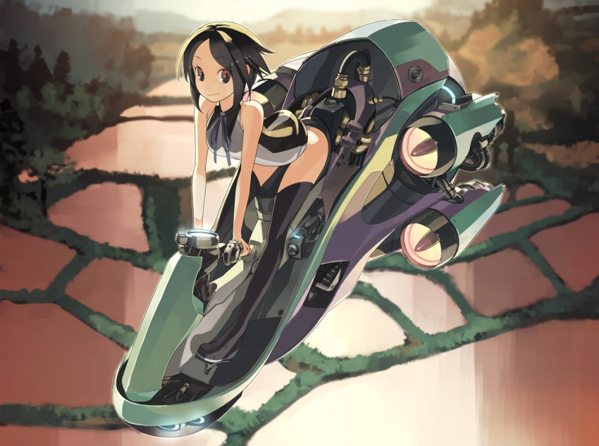 bent_over black_hair brown_eyes engine hover_bike legs letterboxed motor_vehicle original revision rice_paddy shihou_(g-o-s) short_hair smile solo thigh-highs thighhighs vehicle