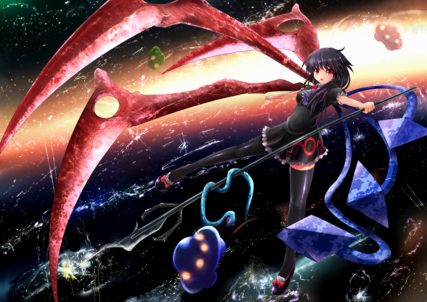 1girl black_hair black_legwear black_thighhighs breasts erect_nipples flying highres houjuu_nue impossible_clothes impossible_shirt kantarou_(nurumayutei) light_smile looking_at_viewer outstretched_arms polearm red_eyes shirt short_hair snake solo spread_arms thigh-highs thighhighs touhou trident ufo weapon wings zettai_ryouiki