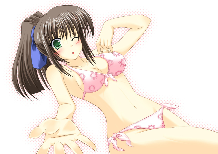 bikini brown_hair green_eyes hands outstretched_arm outstretched_hand perspective ponytail pov reaching shirong swimsuit wink