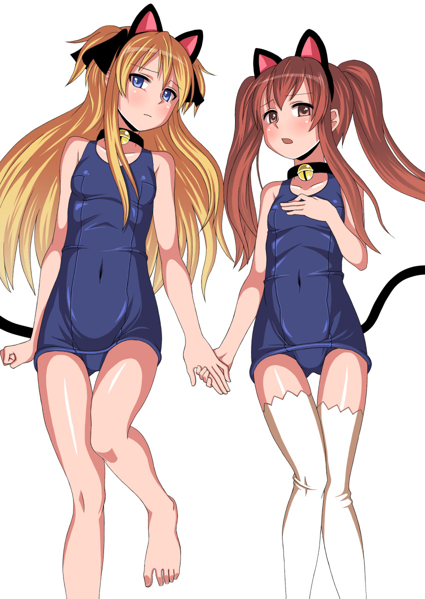 aloe animal_ears barefoot bell bell_collar blonde_hair blue_eyes blush brown_eyes brown_hair collar feet flat_chest hand_holding highres holding_hands legs long_hair lying one-piece_swimsuit orochi_itto quiz_magic_academy school_swimsuit shalon swimsuit tail thigh-highs thighhighs twintails white_legwear white_thighhighs