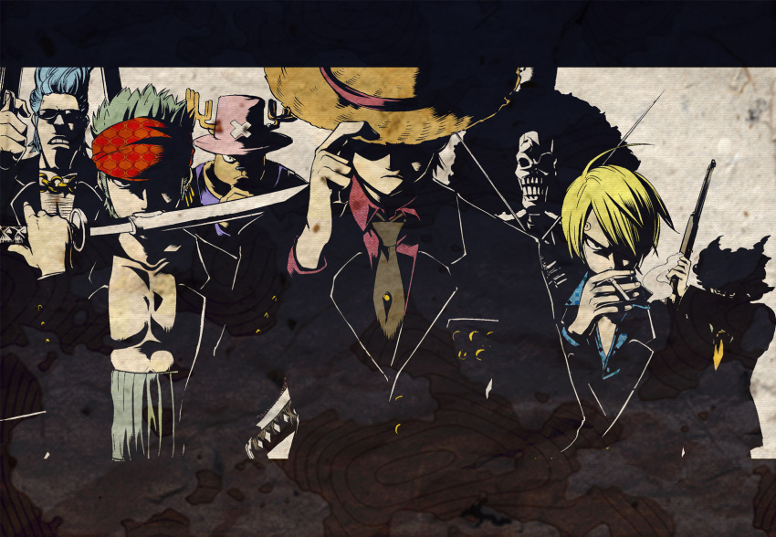 afro ahoge angry antlers bandana black_hair blonde_hair blue_hair brook cigarette delinquent earrings epic faceless faceless_male formal franky frown fur gangster green_hair gun hair_over_one_eye hat hat_tip highres jewelry letterboxed male monkey_d_luffy mouth_hold multiple_boys necklace necktie one_piece one_piece:_strong_world open_clothes open_shirt rifle roronoa_zoro sagatsune sanji shadow shirt short_hair skeleton skull smoking spiked_hair stomach_band straw_hat suit sunglasses sword tony_tony_chopper top_hat usopp wavy_hair weapon yakuza