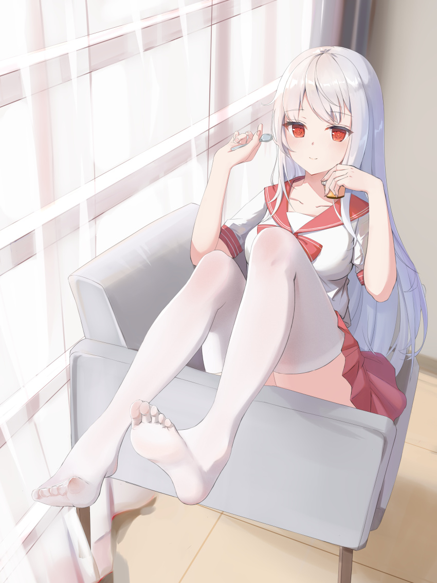1girl absurdres closed_mouth commentary_request copyright_request couch curtains eyebrows_visible_through_hair feet food frilled_skirt frills grey_hair hakomusume highres holding holding_spoon indoors legs light_blush long_hair neckerchief no_shoes original pudding red_eyes red_neckerchief red_skirt school_uniform serafuku sitting skirt smile soles solo spoon thigh-highs thighs white_legwear white_serafuku