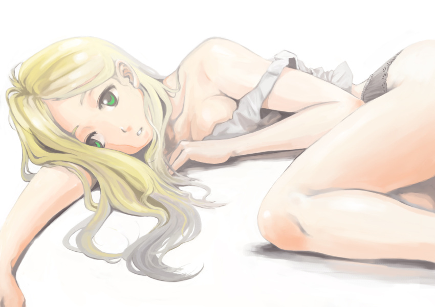 black_panties fullmetal_alchemist green_eyes highres lying naao on_side panties solo tank_top underwear winry_rockbell