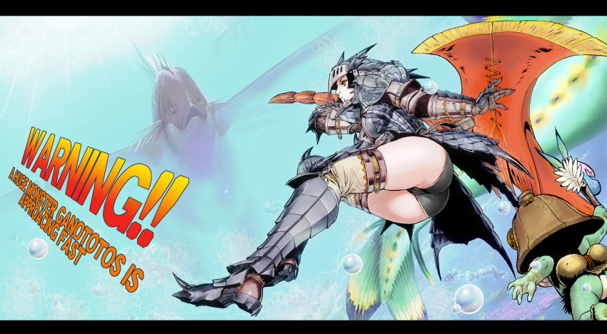 armor ass axe boots bubble cha-cha darius engrish fish fujiwara_hisashi gauntlets helmet highres huge_weapon monster monster_hunter monster_hunter_3 ocean parody plesioth ranguage rathalos_(armor) revision swimming switch_axe underwater vambraces weapon