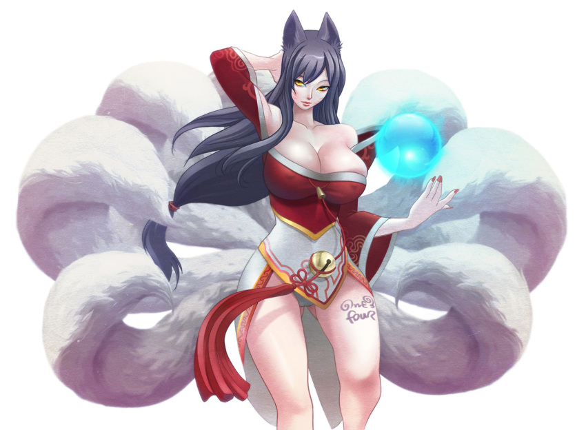 adjusting_hair ahri animal_ears artist_name artist_request bare_shoulders bell black_hair breasts cleavage facial_mark fox_ears fox_tail highres huge_breasts large_breasts league_of_legends legs long_hair multiple_tails one3four! orb panties pantyshot simple_background solo tail tattoo thighs white_background yellow_eyes