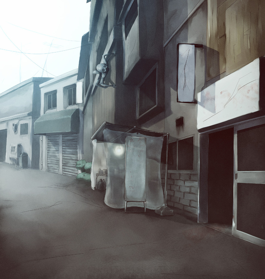 building cityscape commentary door electricity_meter food_stand highres light monster onibi_(foxhound4185) original plant power_lines sign transparent trash when_you_see_it window yatai